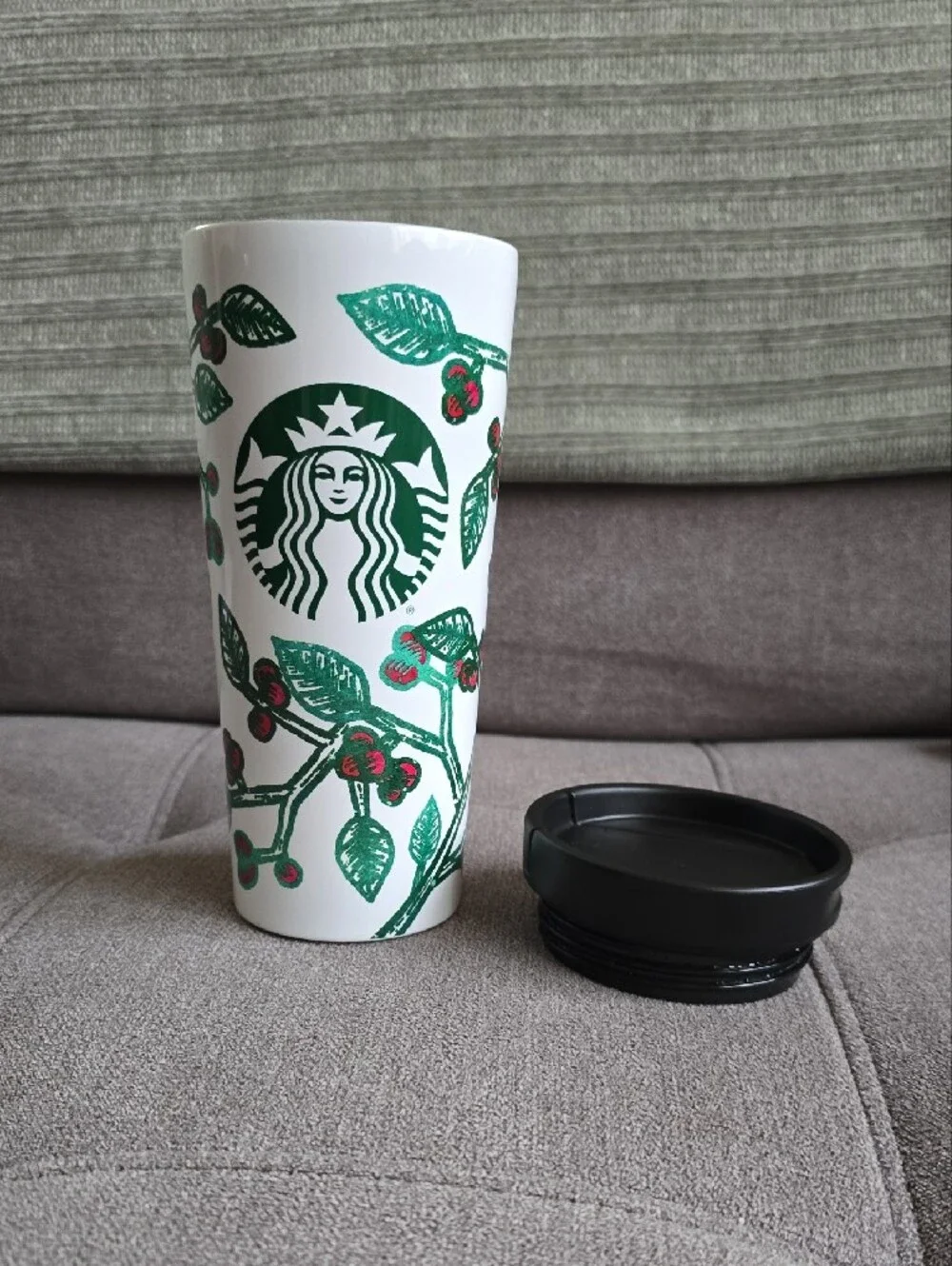 Starbucks White Tumbler with Green Botanical & Red Berry Motif